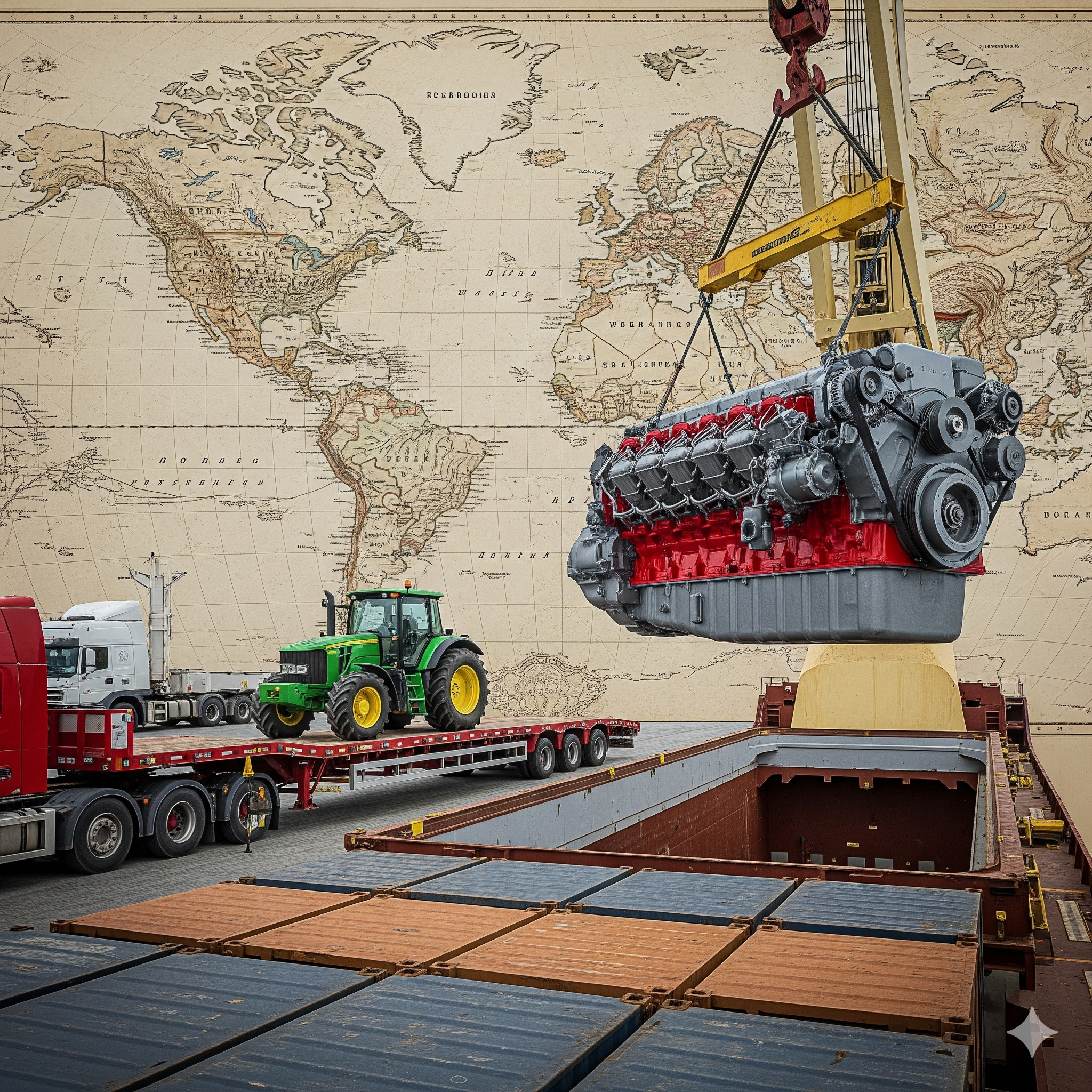 A large diesel engine is being loaded onto a cargo ship with a crane. In the background, a semi-truck and a farm tractor are visible, representing international shipping for diverse industries.